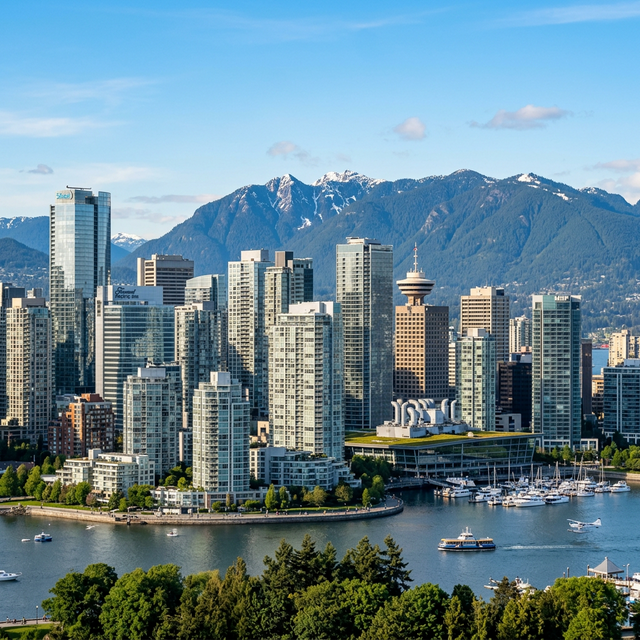 Modern Vancouver skyline with glass buildings and mountains
